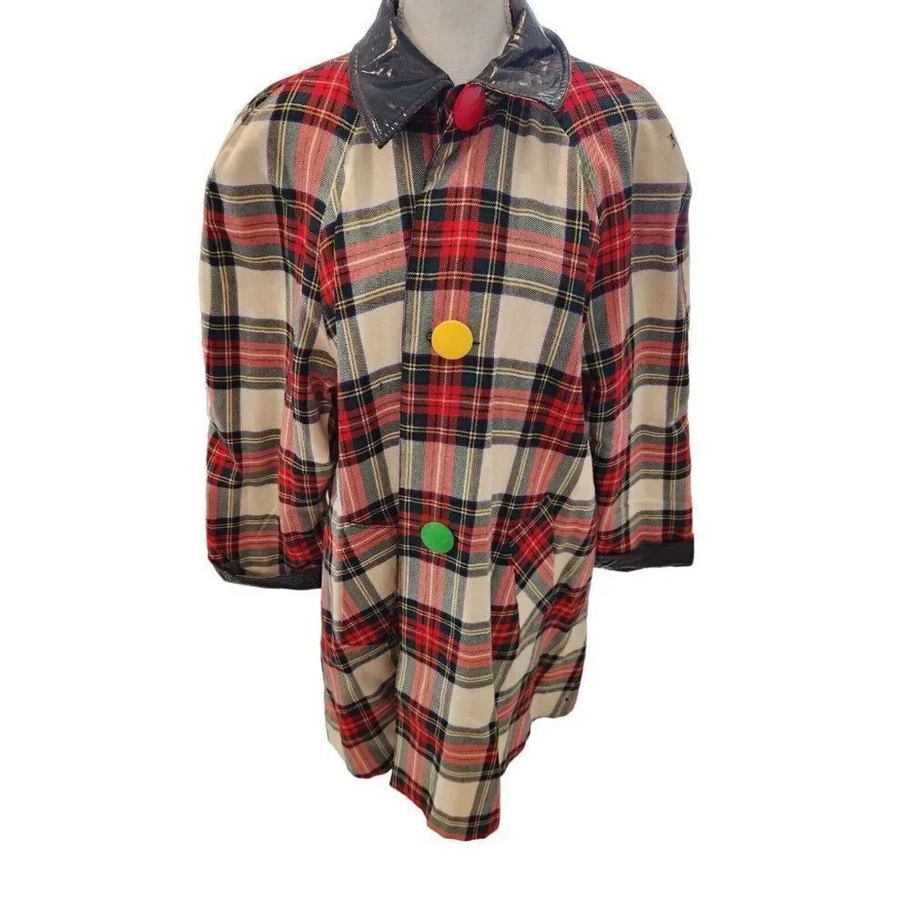 Vintage Mod Red White Plaid Reversible Patent Vinyl Raincoat Wool Swing Coat